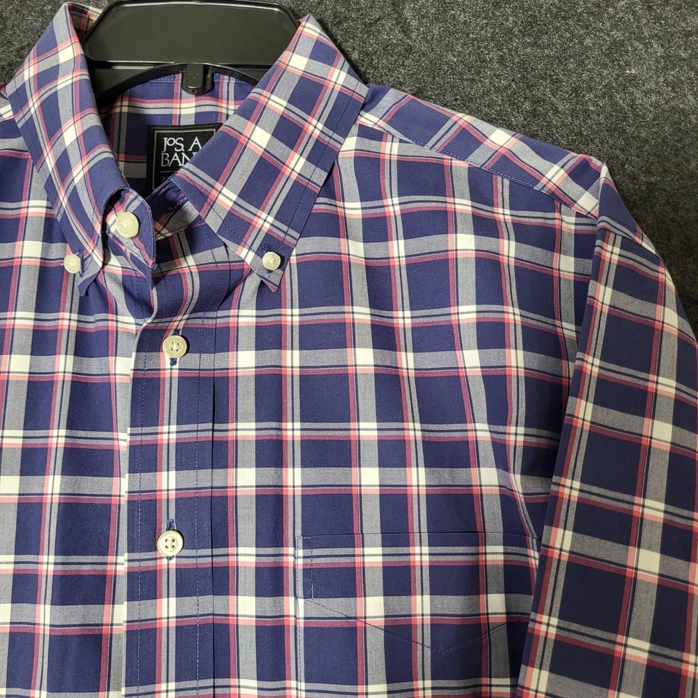 Jos. A. Bank Mens L Navy Blue Pink Plaid Long Sleeve Button Down Dress Shirt